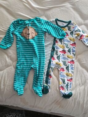 Turquoise Striped Monkey Footed One-Piece Pajama for Kids 6-9 Months
